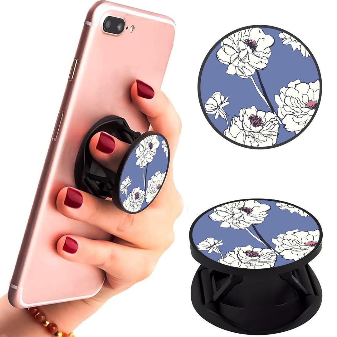 Eggshell Premium Super Matt Finish Effect Mobile Back Holder (Mobile Selfie Finger Grip) with Expanding Stand for All Smartphones & Tablets | (Purple Flower)