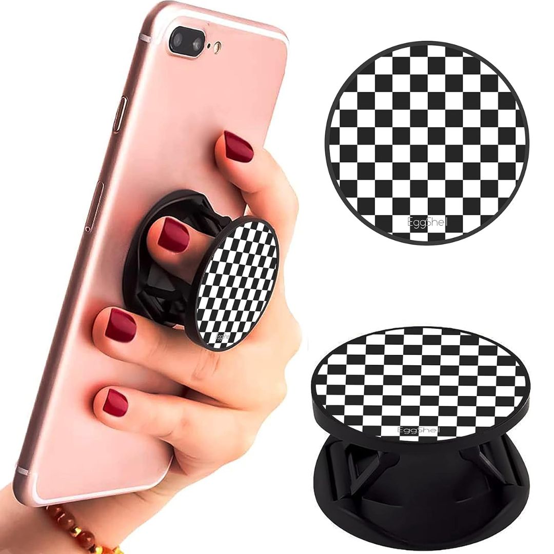 Eggshell Premium Super Matt Finish Effect Mobile Back Holder (Mobile Selfie Finger Grip) with Expanding Stand for All Smartphones & Tablets | (Black Chequers)