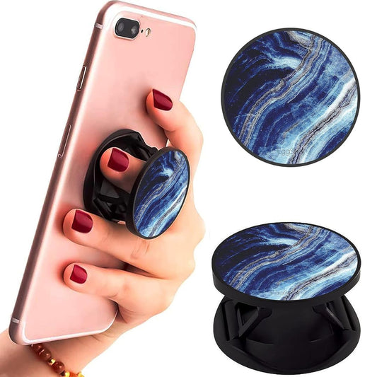 Eggshell Premium Super Matt Finish Effect Mobile Back Holder (Mobile Selfie Finger Grip) with Expanding Stand for All Smartphones & Tablets | (Blue Glitter Waves Abstract)