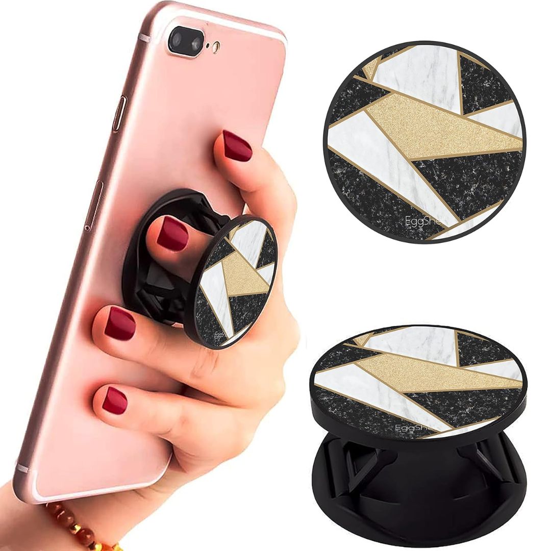Eggshell Premium Super Matt Finish Effect Mobile Back Holder (Mobile Selfie Finger Grip) with Expanding Stand for All Smartphones & Tablets | (Black Golden Geometrical Marble Abstract)
