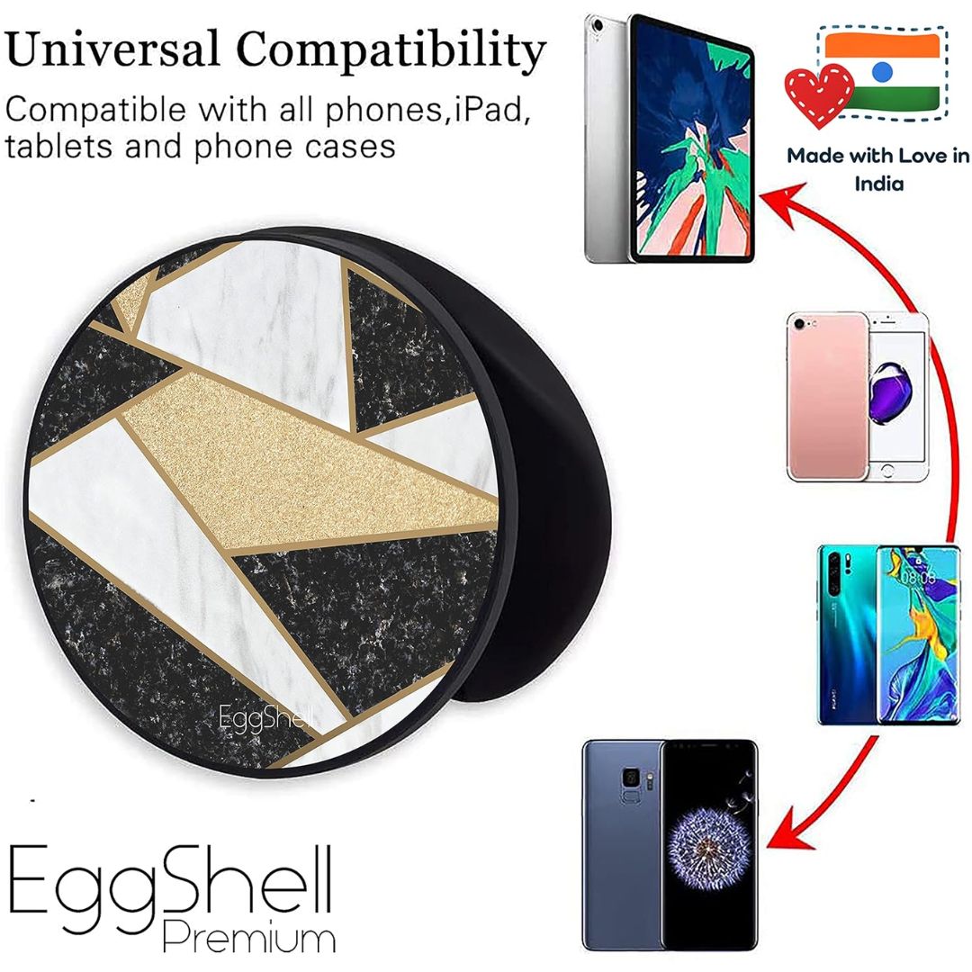 Eggshell Premium Super Matt Finish Effect Mobile Back Holder (Mobile Selfie Finger Grip) with Expanding Stand for All Smartphones & Tablets | (Black Golden Geometrical Marble Abstract)