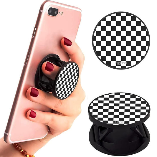 Eggshell Premium Super Matt Finish Effect Mobile Back Holder (Mobile Selfie Finger Grip) with Expanding Stand for All Smartphones & Tablets | (Black Chequers)
