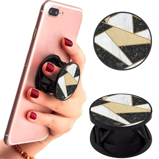 Eggshell Premium Super Matt Finish Effect Mobile Back Holder (Mobile Selfie Finger Grip) with Expanding Stand for All Smartphones & Tablets | (Black Golden Geometrical Marble Abstract)